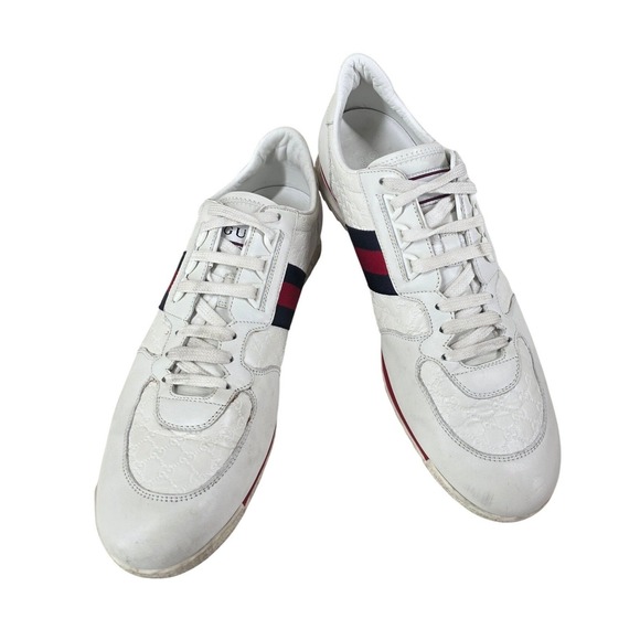 Gucci White Guccissima Leather Sneakers Mens 9 G US 10 Wide Web Stripe Low Top - Picture 2 of 15